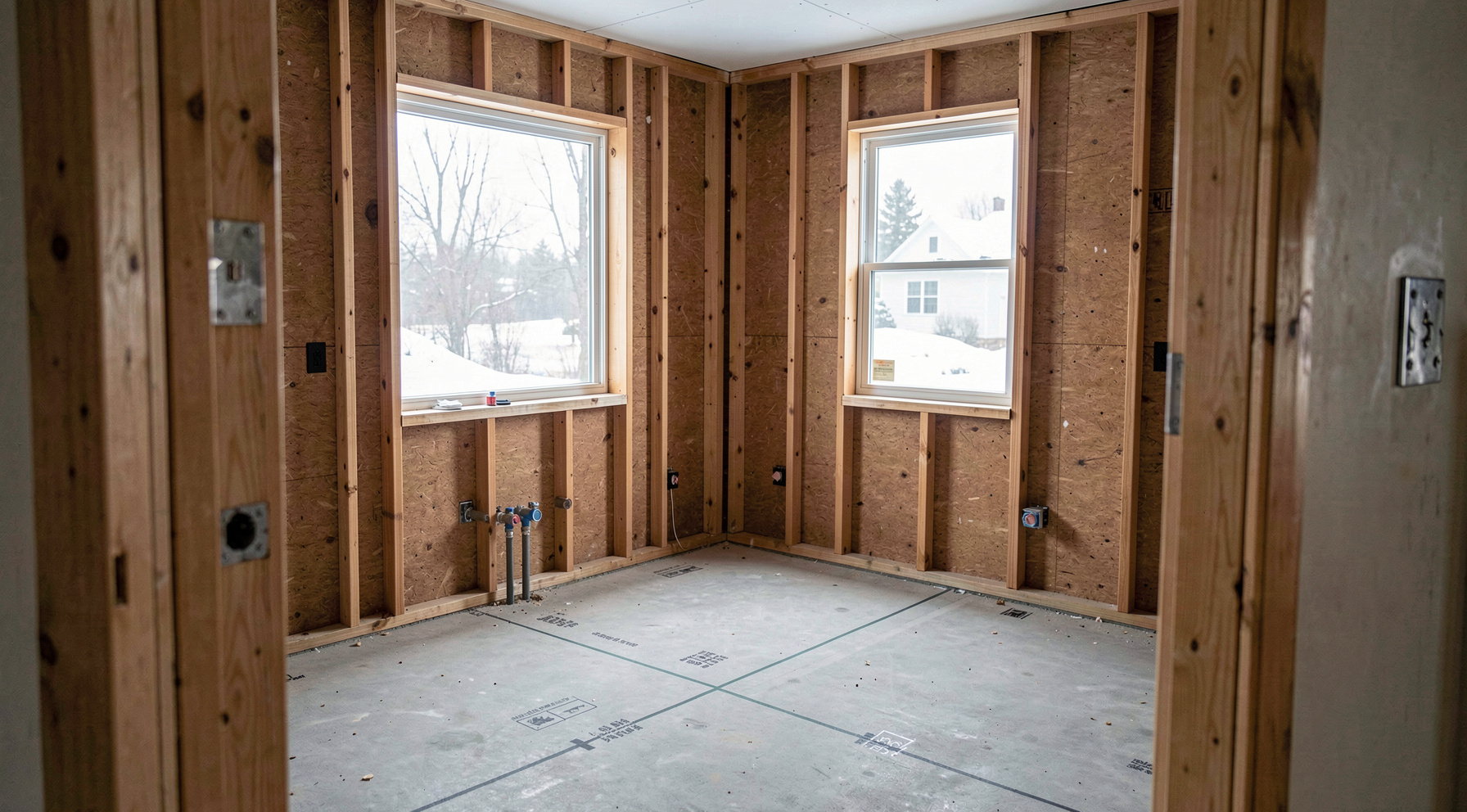 A dental office under construction seen from the corridor, with exposed framing and a single chair position marked on the floor, lit by daylight from a window at the end of the hall, wide shot.